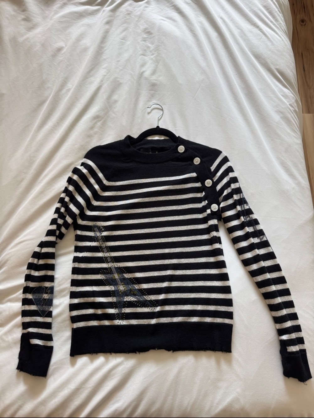 Zadig & Voltaire Black and White Striped Button-Shoulder Sweater